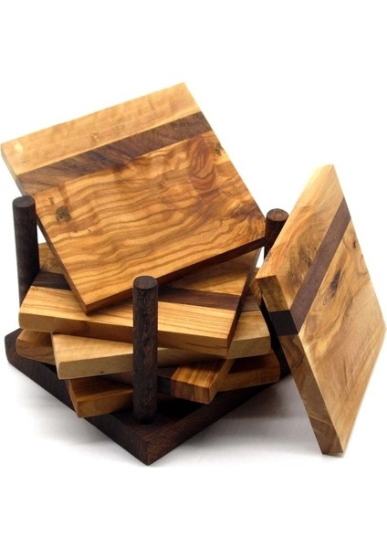 Ahşap Kare 6'lı Bardak Altlığı Seti - Zeytin Ağacı