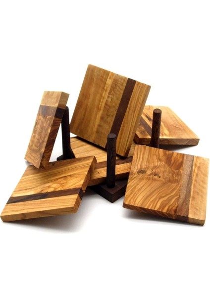 Ahşap Kare 6'lı Bardak Altlığı Seti - Zeytin Ağacı fiyatları