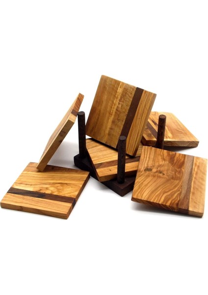Ahşap Kare 6'lı Bardak Altlığı Seti - Zeytin Ağacı modelleri