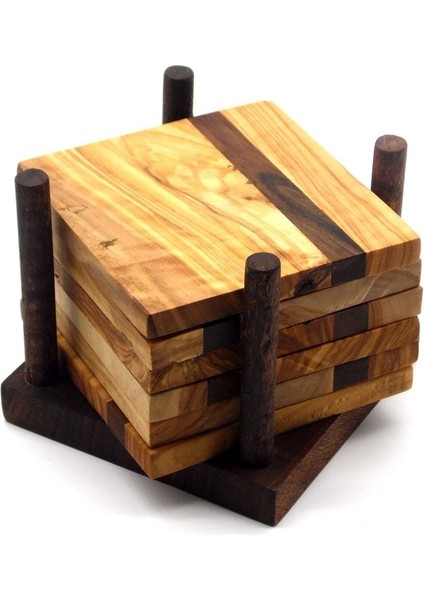 Ahşap Kare 6'lı Bardak Altlığı Seti - Zeytin Ağacı indirimleri