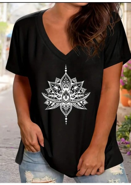 Kadın V Yaka Baskılı Siyah/beyaz Salaş Oversize T-Shirt