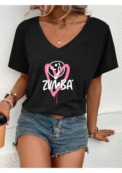 Kadın V Yaka Baskılı Siyah Oversize T-Shirt Salaş Boyfirend