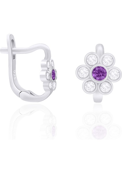 925 Ayar Gümüş Ametist Taşlı Çiçek Modeli Küpe Rodyumlu ST313