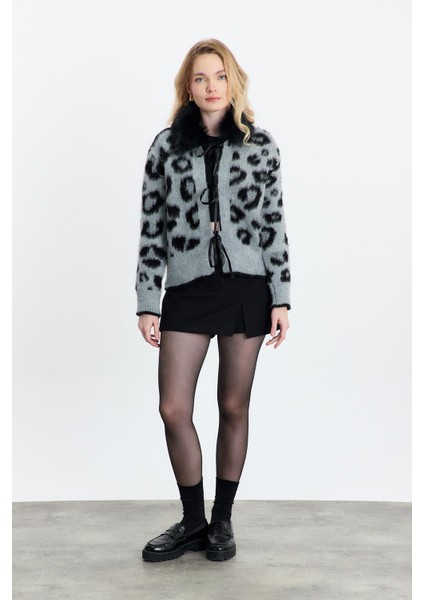 22289 Kürklü Leopar Hırka Gri