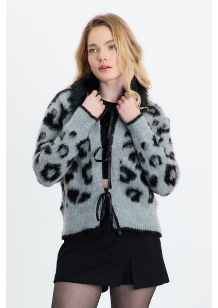 22289 Kürklü Leopar Hırka Gri