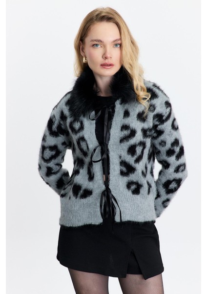 22289 Kürklü Leopar Hırka Gri