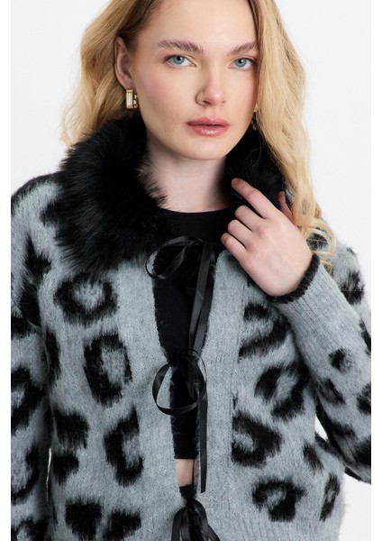 22289 Kürklü Leopar Hırka Gri