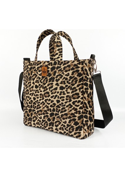 Woody Cord Leopar Desenli Büyük Boy Gabardin Tote Çanta