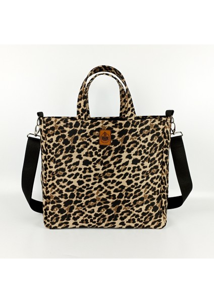 Woody Cord Leopar Desenli Büyük Boy Gabardin Tote Çanta