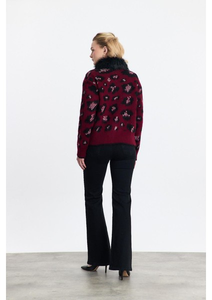 22289 Kürklü Leopar Hırka Bordo