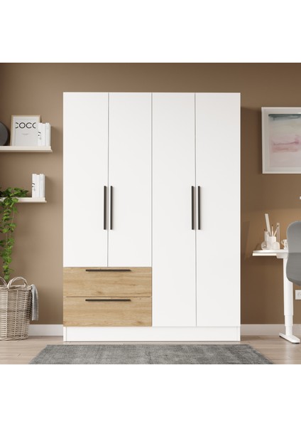 Robin Home lukas 4 Kapaklı 2 Çekmeceli Gardırop Elbise Dolabı Sepet-Beyaz