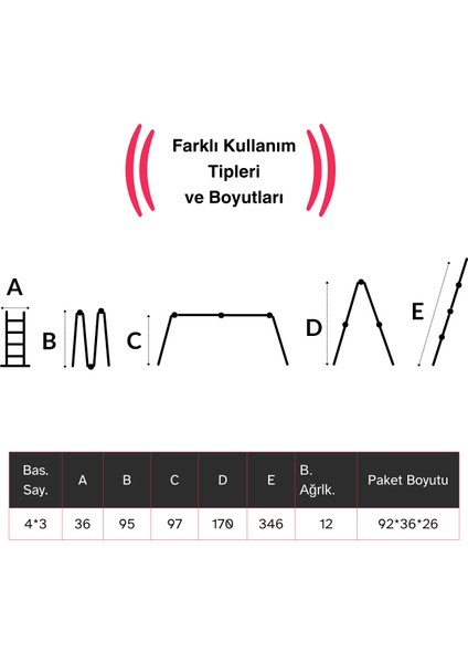Platformlu 3,46 Metre - 12 Basamaklı Katlanır Akrobat Merdiven - Büyük Menteşe - Kalın Profil