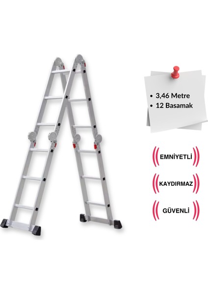 Platformlu 3,46 Metre - 12 Basamaklı Katlanır Akrobat Merdiven - Büyük Menteşe - Kalın Profil
