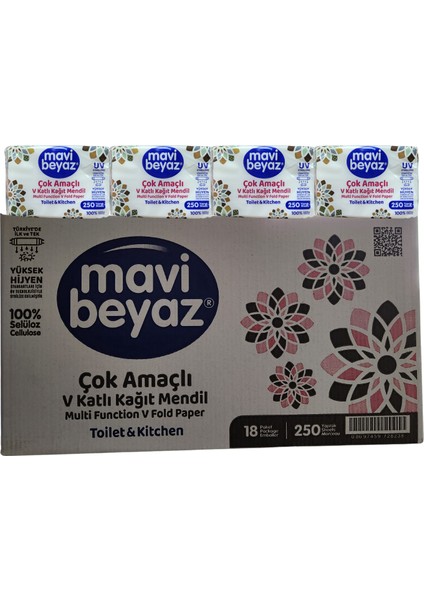 Çok Amaçlı V Kağıt Mendil Toilet & Kitchen 18 Paket 250 Yaprak 1 Koli