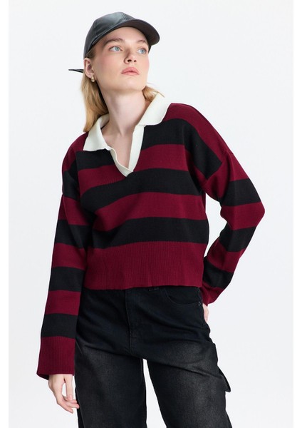 24379 Polo Yaka Çizgili Kazak Bordo fiyatları