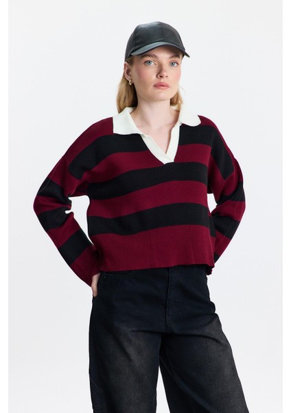 24379 Polo Yaka Çizgili Kazak Bordo modelleri