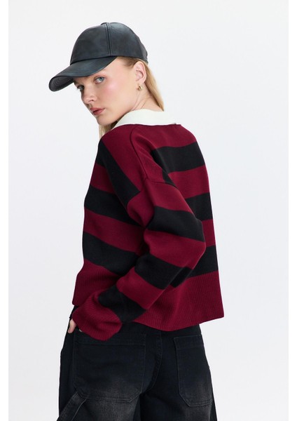 24379 Polo Yaka Çizgili Kazak Bordo fırsatları