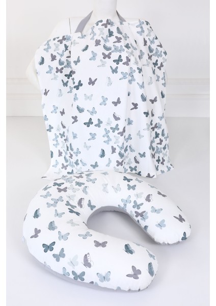 Emzirme Yastığı, Emzirme Önlüğü Set - Pamuklu Kumaş - Yeşil Kelebek