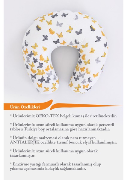Emzirme Yastığı, Emzirme Önlüğü Set - Pamuklu Kumaş - Sarı Gri Kelebek