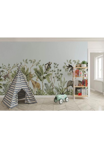 Tropikal Orman Bitkileri ve Hayvanları Çocuk Odası Duvar KAĞIDI-5617 fırsatları