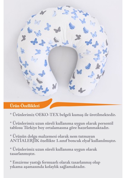 Emzirme Yastığı, Emzirme Önlüğü Set - Pamuklu Kumaş - Mavi Kelebek