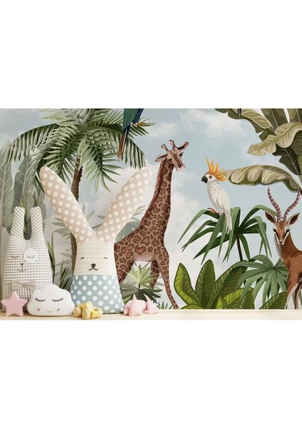 Tropikal Orman Bitkileri ve Hayvanlar Çocuk Odası Duvar KAĞIDI-5625 modelleri