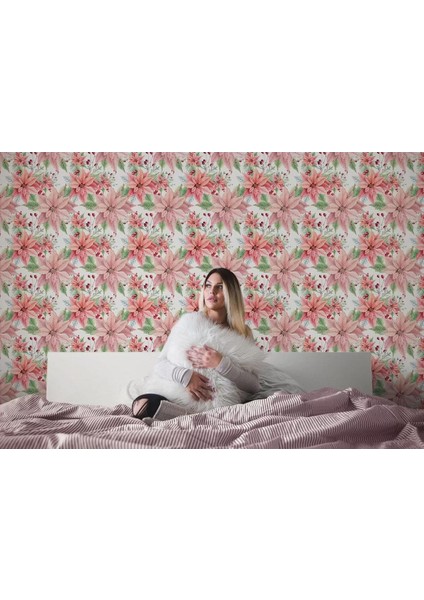 Pembe Çiçek ve Yaprak Desenli Duvar KAĞIDI-5587