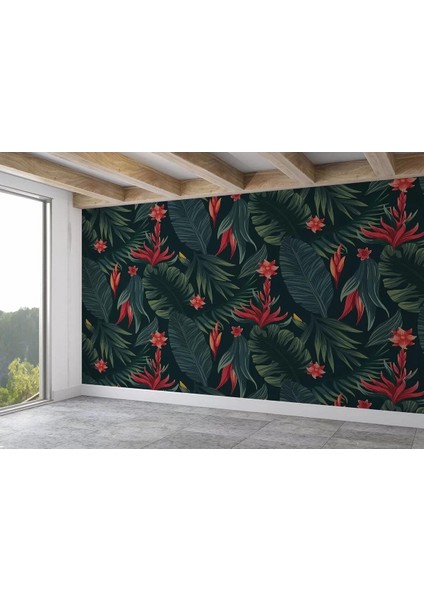 Kırmızı Çiçekli Tropical Ağaç Yaprakları Duvar KAĞIDI-5634