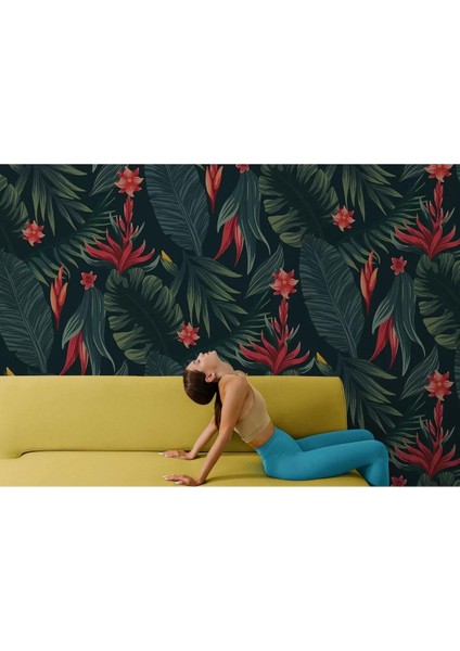 Kırmızı Çiçekli Tropical Ağaç Yaprakları Duvar KAĞIDI-5634
