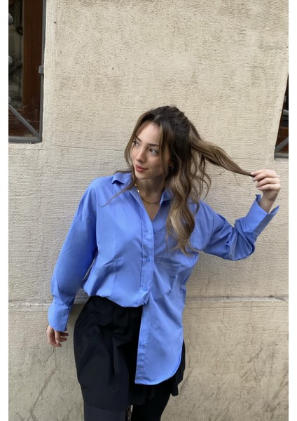 Bebe Mavisi Oxfort Oversize Gömlek