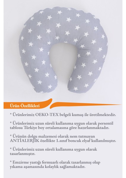Emzirme Yastığı, Emzirme Önlüğü Set - Pamuklu Kumaş - Açık Gri Yıldız
