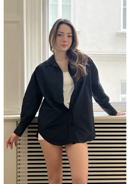 Siyah Oxfort Oversize Gömlek