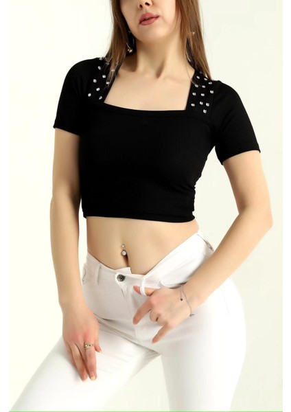 Taşlı Kare Yaka Crop Bluz