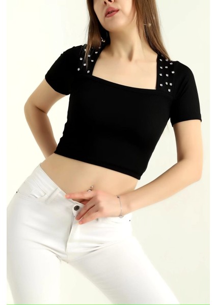 Taşlı Kare Yaka Crop Bluz