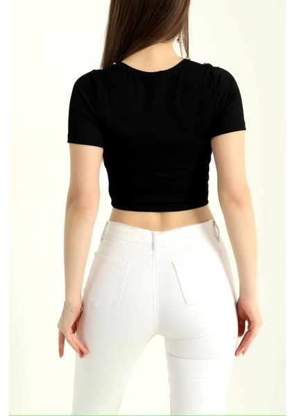Taşlı Kare Yaka Crop Bluz