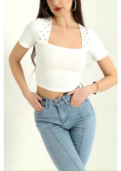 Taşlı Kare Yaka Crop Bluz