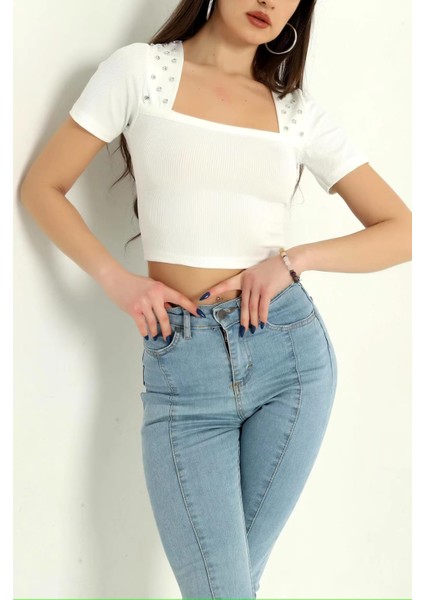 Taşlı Kare Yaka Crop Bluz