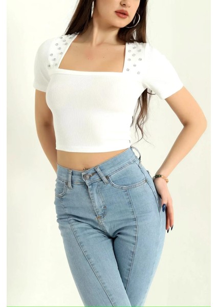 Taşlı Kare Yaka Crop Bluz