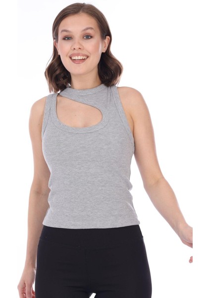 Kadın Gri Melanj Çift Askılı Tokalı Fitilli Kaşkorse Body