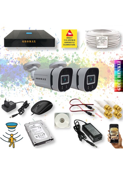 2 Kameralı Set - Gece Renkli Gösteren Hareket Algılayan 5MP SONY Lensli 4 Ultra Warm Ledli 1080P FULLHD Güvenlik Kamerası Seti 604W