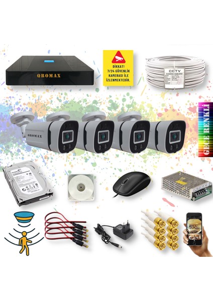 4 Kameralı Set - Gece Renkli Gösteren Hareket Algılayan 5MP SONY Lensli 4 Ultra Warm Ledli 1080P FULLHD Güvenlik Kamerası Seti 604W