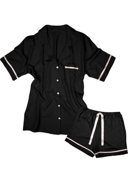 Dokuma %100 Viskon Düğmeli Kısa Kol Şort Pijama Takım