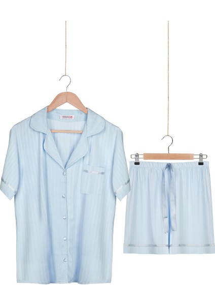 Dokuma %100 Viskon Düğmeli Kısa Kol Şort Pijama Takım