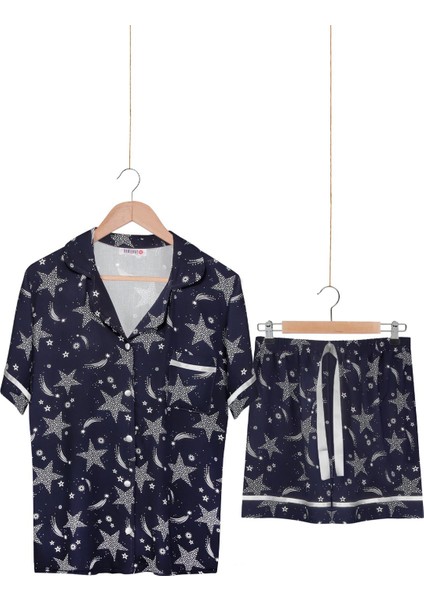 Dokuma %100 Viskon Düğmeli Kısa Kol Şort Pijama Takım