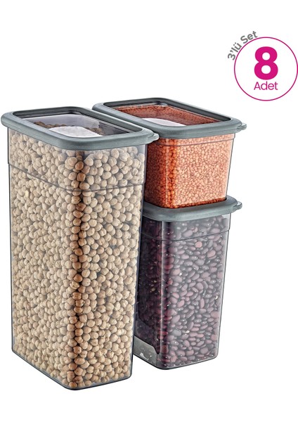 8'li Set Skali Dikdörtgen Saklama Kabı Antrasit (8'şer Adet 1210 Ml, 2350 Ml, 3500 Ml)
