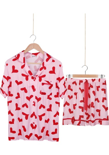 Dokuma %100 Viskon Düğmeli Kısa Kol Şort Pijama Takım