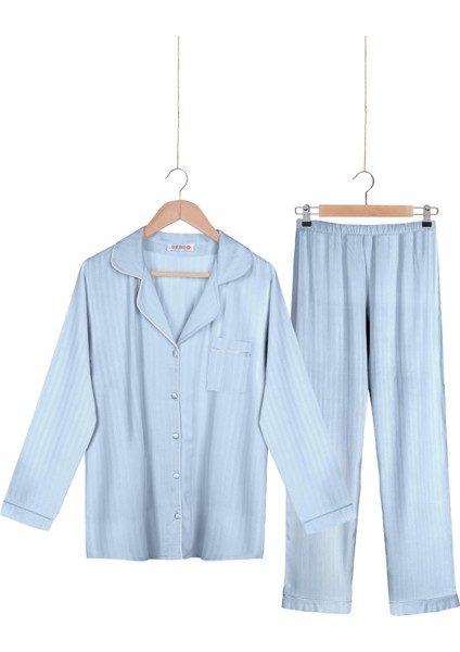 Dokuma %100 Viskon Düğmeli Uzun Kol Pijama Takım