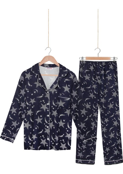 Dokuma %100 Viskon Düğmeli Uzun Kol Pijama Takım