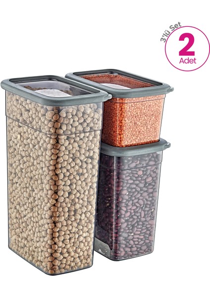 2'li Set Skali Dikdörtgen Saklama Kabı Antrasit (2'şer Adet 1210 Ml, 2350 Ml, 3500 Ml)