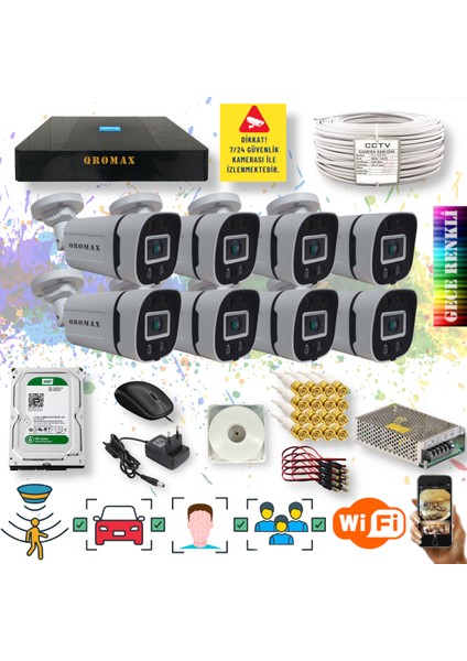 8 Kameralı Set - Yapay Zeka Özellikli Gece Renkli Gösteren 5MP SONY Lensli 4 Ultra Warm Ledli FULLHD Güvenlik Kamerası Seti 604W-9008